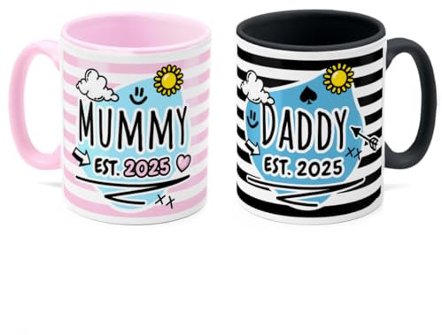 Tazletree New Parents Mug Set – Mummy & Daddy Est 2025 – Thoughtful Baby Shower Cups for Expecting Parents – Pink and Black Personalised Coffee Mugs for New Mum & Dad – First-Time Parents Keepsake