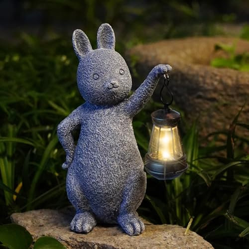 Hekasvm Rabbit Garten Deko Figuren für Außen mit Solar Laterne – Lustig Wasserdicht Solarlampe Figur Gartendeko für Draußen Balkon Terrassen, Ostern Geschenke für Frauen Mutter Oma Mädchen (Hase)