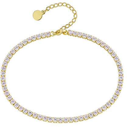 KRKC&CO 3mm Damen Tennis Fußkettchen, 14K Gold beschichtet Tennisarmband, Länge verstellbar Fußspange Iced Out Fußkettchen, Tennis Kette Fußband für Frauen Mädchen Geburtstag Geschenk