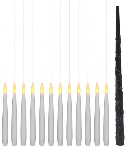 Lunartec Stabkerzen: 12er-Set schwebende LED-Kerzen mit Zauberstab-Fernbedienung, 15 cm (Schwebende Kerzen mit Timer, mit Nylonschnur, Tafel)