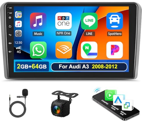 2G+64G Car Radio for Audi A3 2008-2012, 9 Touchscreen Car Stereo with Wireless Carplay Android Auto Android 13 Bluetooth GPS Navi WiFi Mirror Link SWC+ Backup Camera