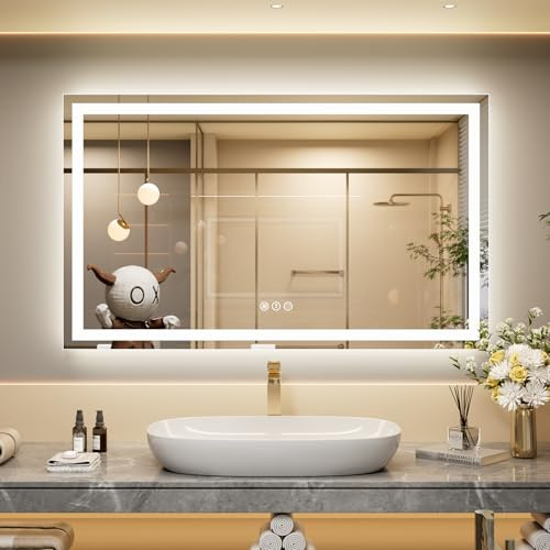 Snowdool LED Bathroom Mirror, 60x100cm Wall-Mounted Vanity Mirror With Lights, Illuminated Backlit Dimmable Switch 3 Colors, Anti-Fog, IP44 Waterproof, Horizontal/Vertical