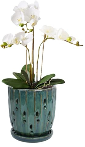 vensovo 15.24 CM Orchid Pots with Holes and Saucers - Ceramic Planters for Indoor/Outdoor, Airflow Design for Healthier Roots, Green