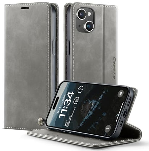 owlhold iPhone 14 hülle klapphülle Premium PU Leder, RFID Schutzhülle, Faltbare Ständer, Handytasche Lederhülle Kartenfach Standfunktion Handyhülle iPhone 14 - Grau