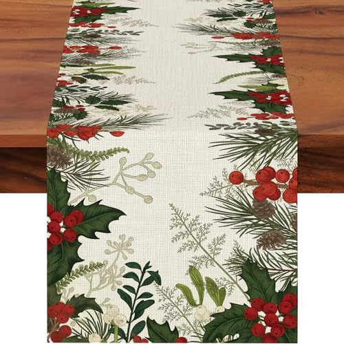 JANGYUHH Weihnachten Tischläufer Grüne Blätter Winter Weihnachtsdeko Tischdeko Outdoor Weihnachtstischläufer Tischdecke Dekoration Tischband 40x140 cm
