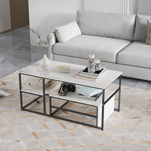 Set di 2 Tavolini da Caffè, Tavolini Sovrapponibili da Salotto Tavolini Rettangolari da Caffè Tavolini da Salotto Effetto Marmo Bianco Tavolo Soggiorno Moderno Telaio in Metallo Piedi Neri (Stile E)