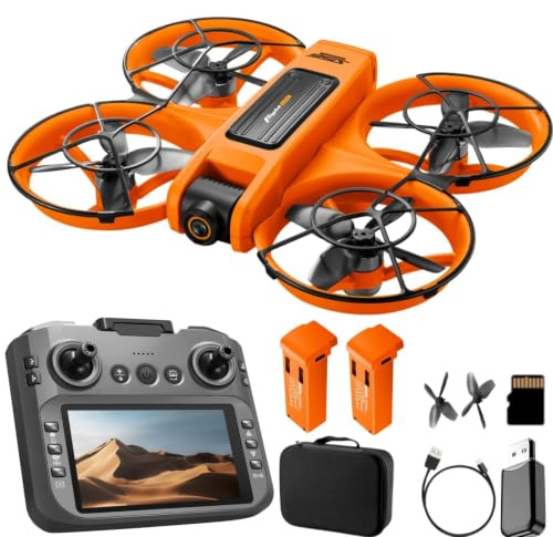 Drohne mit 4.9 Bildschirm-Fernbedienung, HD Dual-Kamera, Brushless-Motor, 360° Flips, optische Stabilisierung, 15min Flugzeit, windresistent, für Einsteiger. (Orange)