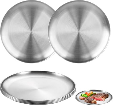 OMJMYY 6 Pezzi Piatti Acciaio Inox 20cm Rotonde Vassoio In Acciaio Inossidabile Stoviglie da Tavola Portatile per Campeggio Picnic Escursioni Cucina Barbecue Feste