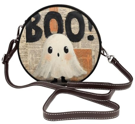Süße Umhängetasche mit Geisterwort, Boo für Halloween, Vintage, Zeitung, Damen, rund, Leder, Schultertasche