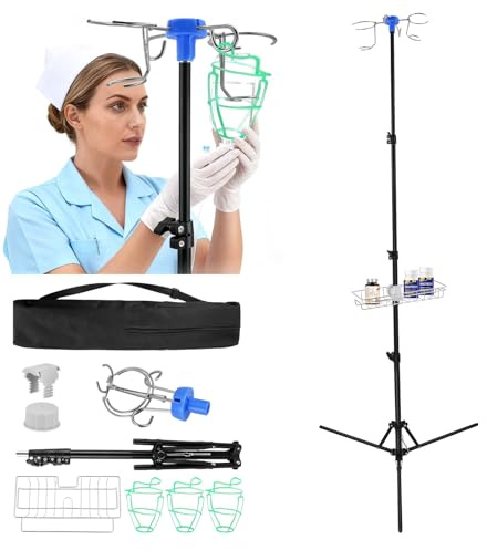 Collapsible IV Pole Stand with Metal Brake Pulley & Wheels, Adjustable Mobile Drip Stand (90-190cm) with 4 Hooks, 3 Mesh Bags & Carry Bag for Hospital, Clinic & Home Care (Storage Rack)