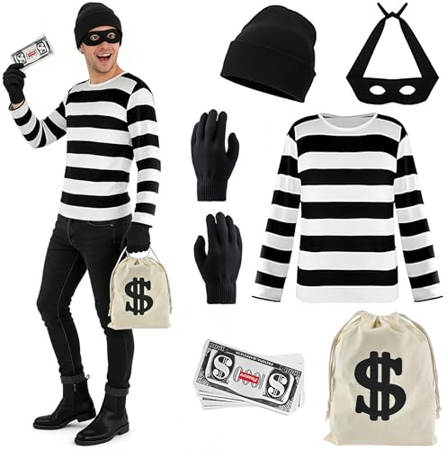 Bankräuber Kostüm Herren Damen,Kostümset für Räuber für Erwachsene,Karneval Kostüm,Pantomime kostüm,Sträfling Kostüm,Taschen und Augenmaske,Banknoten,Hut,Handschuhe für Karneval Halloween Kostüm