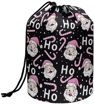 Wnbucioht Cute Santa Claus Drawstring Barrel Makeup Bag Women Girls Travel Cosmetic Bags Christmas Toiletry Bucket Bags Foldable Travel Stand up Makeup Bag Round Organizer