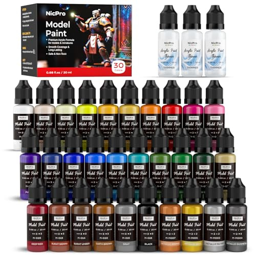 Nicpro Peinture Maquette Set 30 Couleurs x 20 ml, Prêt À L'Emploi Modèle Acrylique Peintures, Brosse & Airbrush Compatible, Peinture Set pour Débutant & Artiste, pour Modèles, Artisanat, et 3 Diluant
