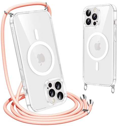 Olgary Magnetica Cover per iPhone 13 Pro Max con Cordino, Compatibile con Magsafe, Rosa Ultra Sottile Silicone TPU Antiurto Custodia Protettiva Case con Corda Tracolla Laccio, Rosa