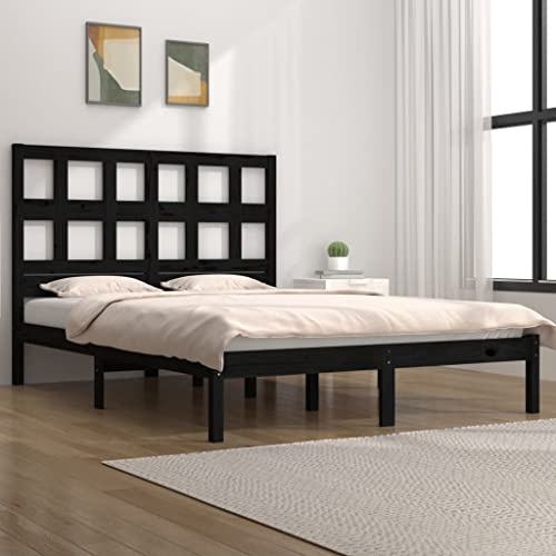 Runheo Massivholzbett Schwarz Kiefer 200x200 cm, Modernes Bettgestell mit Kopfteil, Robustes Bett für Schlafzimmer, Echtholz Möbel