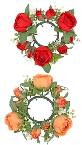 2 Stück Kerzenring Tischkranz mit Künstlichen Rosen und Blättern | Kunststoff und Seidenstoff, Leicht Platzierbar, für Tischplatten und Geburtstag, Lebendiger Stil, Rustikal