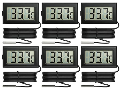 6PCS Digital Aquarium Thermometer, Temperature with External Probe, for Fish Tank Fridge Car Room Baby Bath, 1m Waterproof Probe LCD Display Batteries Included, NTC Sensor ABS Casing