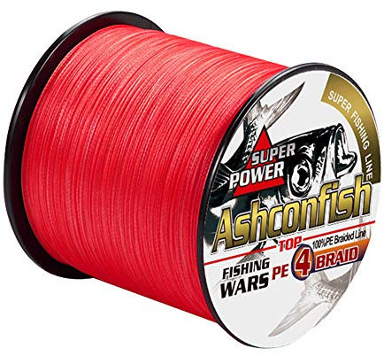 Ashconfish Filo da pesca intrecciato a 4 fili, super forte, in polietilene, resistente all'abrasione, 300 m, 31,8 kg, colore: rosso
