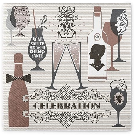 Sovie HORECA Serviette CELEBRATION in Grau-Altrosa aus Linclass® Airlaid 40 x 40 cm, 50 Stück – edles Design mit Sektgläsern, Weingläsern, Flaschen & Ornamenten für festliche Anlässe