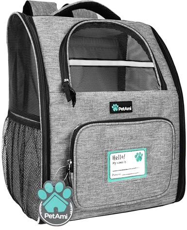 PetAmi Zaino deluxe per cani e gatti di piccola taglia, design ventilato, ingresso su due lati, caratteristiche di sicurezza e supporto posteriore con cuscino | per viaggi, escursionismo, uso