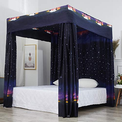 Mengersi Galaxy Star Viereckpfosten Bettvorhang Baldachin Schlafzimmer Dekoration für Mädchen Erwachsene Winddicht Lichtdicht Betthimmel Kind Geschenk (Queen, Schwarz)