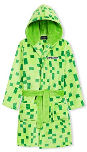 Minecraft Bademantel Kinder, Fleece Morgenmantel Pixel, Weiches Kuschelige Bademantel mit Kapuze für Jungen, Flanell Mantel Teenager, Nachtwäsche Robe Mädchen (Grün, 9-10 Jahren)