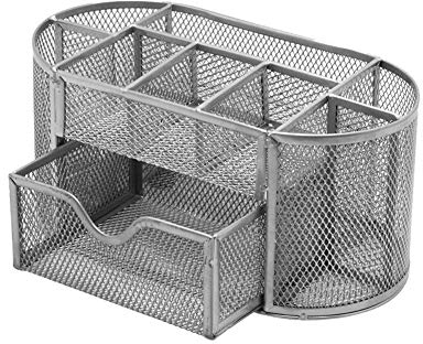 Mesh Desk Office Organizer,Multifunction Pen Holder with Drawer Stationery Storage Desktop Sliver