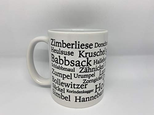 Farbwuselei Tasse Hessische Schimpfwörter Geschenk lustig Witzig beidseitig bedruckt Babbsack Dabbes Holzkobb Simbel Knäulkopp Weiß