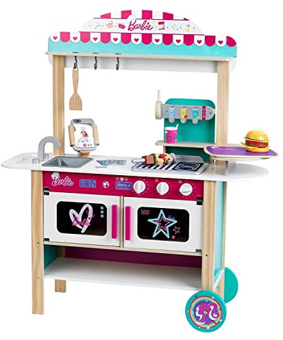 Theo Klein 7329 Barbie Holzküche, Restaurant Bistro, Holz (MDF) I mit Grill, Ofen und Kühlschrank I inkl. Kinder-Spielküche-Zubehör I Maße: 94 cm x 32 cm x 106 cm I Spielzeug für Kinder ab 3 Jahren