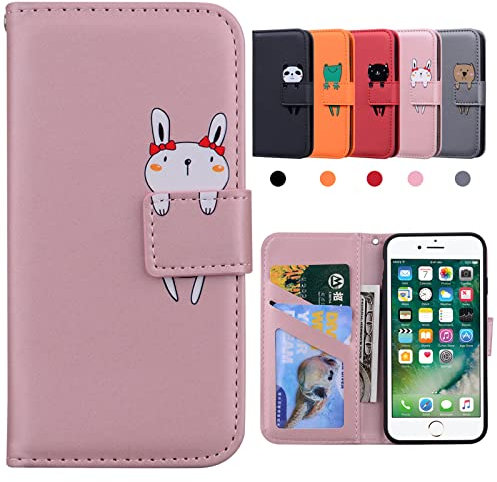 Kedic Custodia iPhone 8, Cover iPhone 7 / Cover iPhone SE 2020,Flip Wallet Case Custodia per iPhone 7 / iPhone 8 / iPhone SE 2020,Cartoon Cute Custodia Caso, Kickstand,Slot per Schede -Coniglio, Rosa