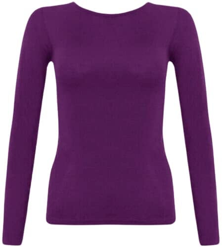 New Ladies Long Sleeve Round Neck Plain Basic Women's Stretch T-Shirt (Purple, 12)
