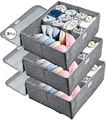 MERYSAN 3Pcs Closet Underwear Organizer Storage Box with Lid, Collapsible Dustproof Linen Cabinet Drawer Dividers Organizers, Washable Storage Boxes for Clothes Socks Lingerie Ties Scarves (A)