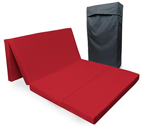 Tom'Shop Gästematratze [Rot, 195x115x8 cm] Klappmatratze, 4-teilige Faltmatratze, Gästematratze Reisebett Schaumstoff Matratze zusammenklappbar mit Tasche