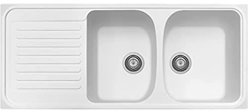 Plados Fregadero de cuarzo de cocina empotrado HR1162 con dos cubetas más escurridor - Blanco