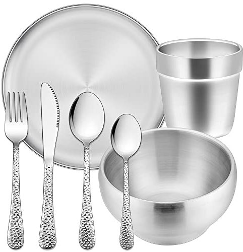 Kindergeschirr Set, HaWare 7-teilig Edelstahl Kinderbesteck ab 3 Jahre, Kleinkind Gehämmertes Besteck Set mit Kinder Gabel/Messer/Löffel/Teller/Müslischale/Tasse, Ungiftig & Gesund, Spülmaschinenfest