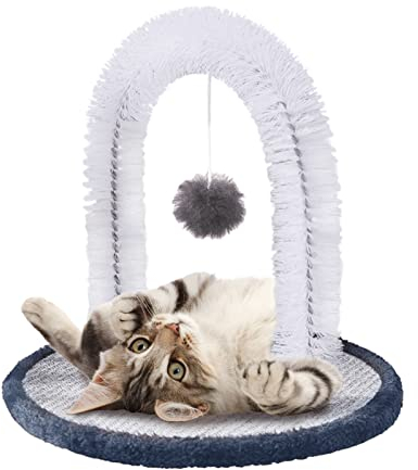 Katzenbogen Selbstpfleger-Massagegerät, Katzenhaar-Massagebürste mit Kratzpad und Katzen-Teasingball, 3-in-1 Katzenspiel-Fellpflege, Grau
