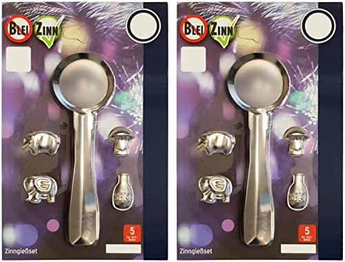 Conipa - Zinngießen 2er Set mit 8 Figuren & 2 Schmelzöffel - Silvestergießen als ungiftige Alternative zum Bleigießen - Wahrsagerei-Partyspiel mit Deutungsübersicht für Kinder & Erwachsene