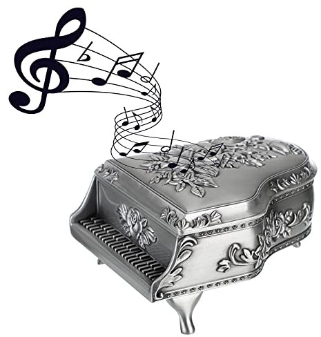TOLIDA Vintage Klavier Musikbox Musik-Schmuckkästchen aus Metall Rosemuster Luxus-Schmuckkästen Spieldose Schmuckkoffer Aufbewahrungsbox von Ohrringe Halsketten Ring als Geschenk für Damen Mädchen
