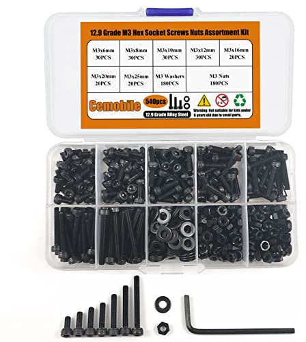Cemobile 540PCS M3 Socket Head Cap Screws Nuts Washers Assortment Kit, 12.9 Grade Alloy Steel M3 x 6/8/10/12/16/20/25mm Metric Hexagon Bolts, Full Thread Allen Machine Screws for 3D Printer DIY