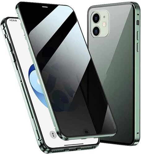 INFRI Anti-Peep-Magnetische Flip Handyhülle, doppelseitige gehärtete Glasabdeckung für Apple iPhone 12 (2020) 6,1 Zoll, Metallstoßfänger (Farbe: grün)