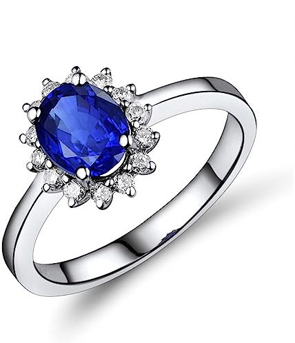 Saphir Ring Weißgold, Verlobungsring Damen Breit 18 Karat Gold Ovale Form Blume Schmuck Größe 53 (16.9)