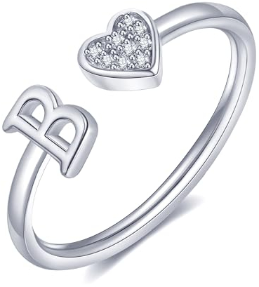 FUNEIA Herz Ring mit Buchstaben Damen Frauen Gold Silber Rosegold Verstellbarer Initiale A-Z Zirkonia Fingerring Stapelring Wasserfest Buchstabering Schmuck Mädchen Geschenkbox