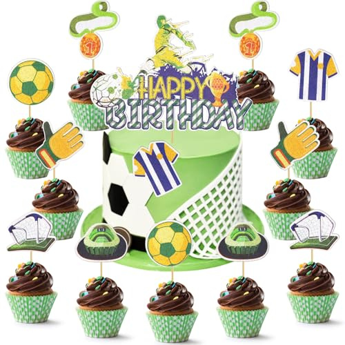 Fußball-Thema Geburtstags Cake Toppers, 1 Happy birthday Tortendeko und 12 Fußball-Elemente Cake Toppers, Fußball-Thema Cartoon Kuchendeckel für Kindergeburtstag Party Dekoration