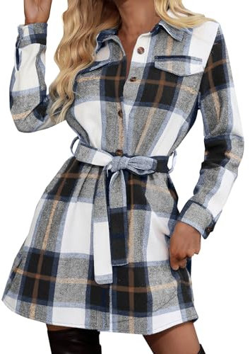 Robe chemise à carreaux en laine pour femme avec ceinture surdimensionnée à manches longues et col à revers boutonné en tartan à carreaux espaces ouverts avec poches poitrine, bleu, M