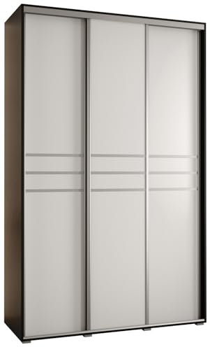 MEBLE KRYSPOL Davos 10 150 Schrank mit DREI Schiebetüren für Schlafzimmer - Moderner Aufbewahrungsschrank mit Kleiderstange und Regalen - 235,2x150x60 cm - Schwarz Weiß Silber