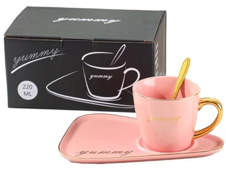 CAPIJIONG 230ml/8oz Creativo Europeo Antico Oro Dipinto Tazza di Ceramica Casa Ristorante Caffè Tazza E Piatto Set-Rosa-Cup, piatto, Cucchiaio