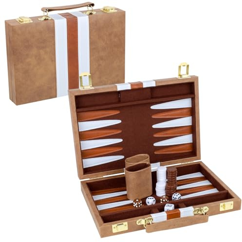 TOPTAN Backgammon Set 2 Players Classic Backgammon Sets for Adults Board Game with Premium PU Leather Case Portable and Travel Backgammon Set (Retro Brown, 11inch)