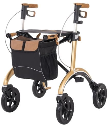 Saljol Déambulateur en carbone léger de 5,6 kg avec siège, sac, déambulateur d'extérieur pliable, hauteur d'assise 54 cm, doré