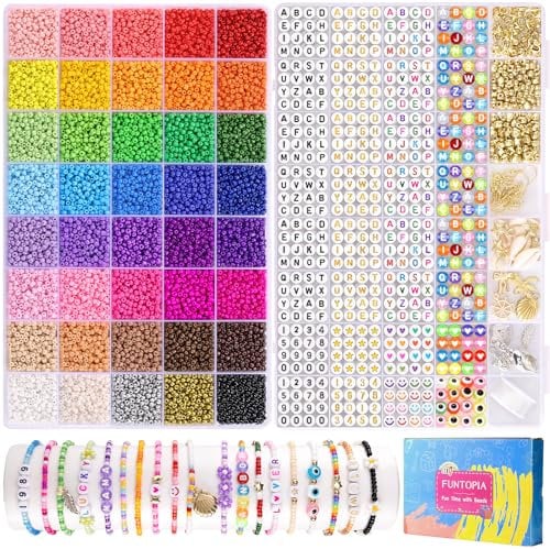 Friendship Bracelet Making Kit, Funtopia 10000pcs 40 Colors 3mm Glass Seed Beads for Jewelry Making, 4 Types Letter Number Beads for Bracelet Making, DIY Arts and Crafts for Girls Adult