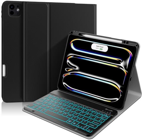 Backlit Keyboard Case for iPad Pro 11 (M4, 5th Generation 2024) Model A2836 A2837 A3006, Smart case with 7color Backlight Detachable Wireless Type-C Keyboard Cover with APPLE Pencil Holder (Black)